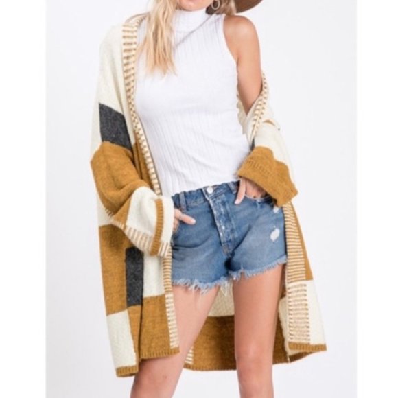 Boho Mustard Color block NEW Open Front Cardigan - Picture 4 of 8